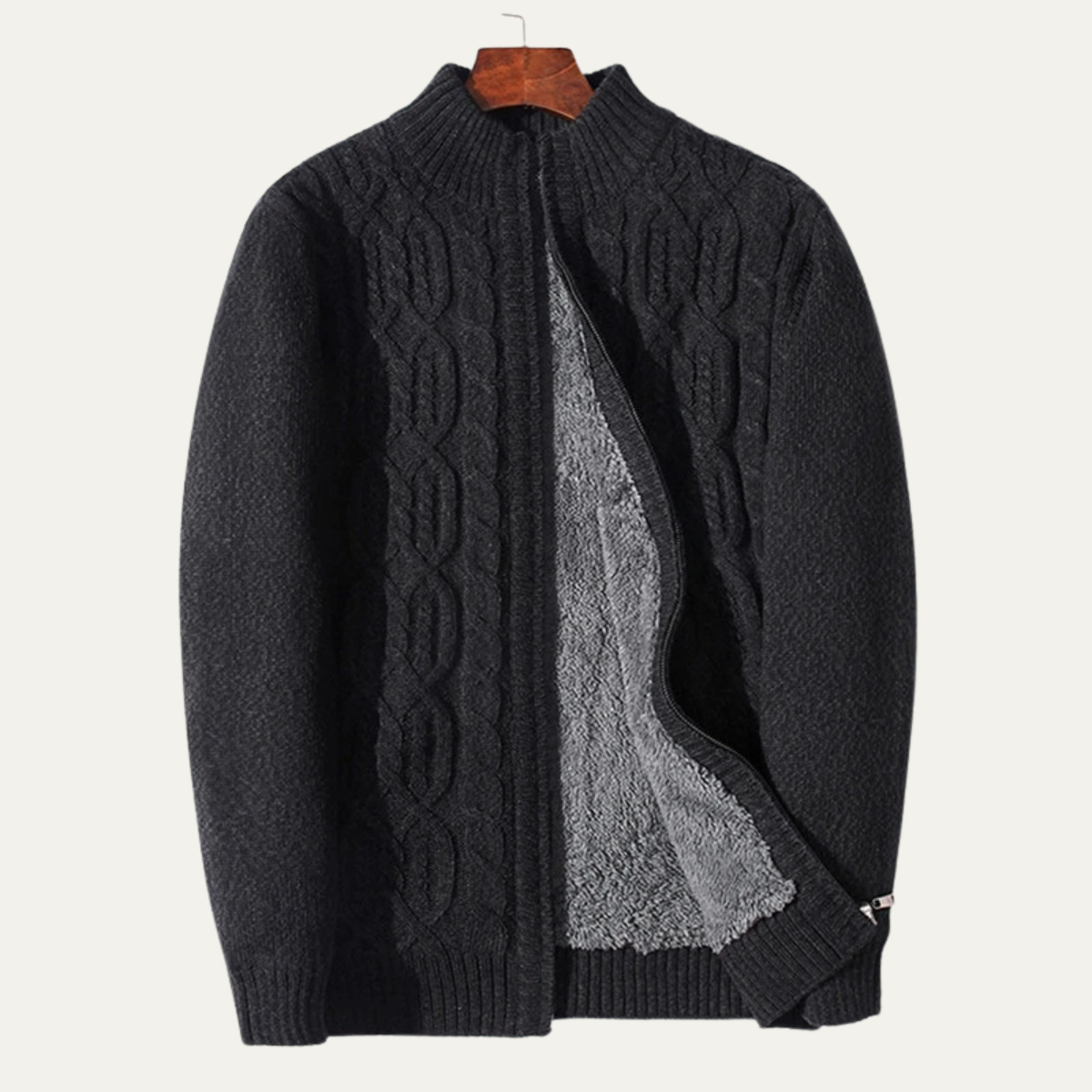 Black cable-knit wool fleece cardigan with gray inner lining and zip front