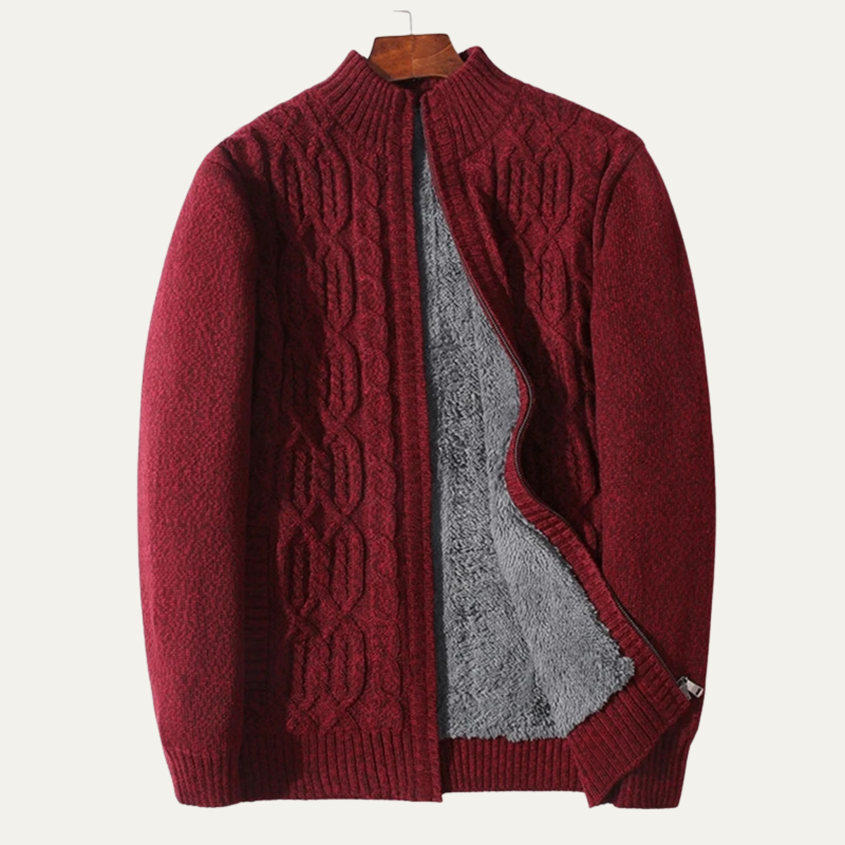 Red cable-knit wool fleece cardigan with gray inner lining and zip front
