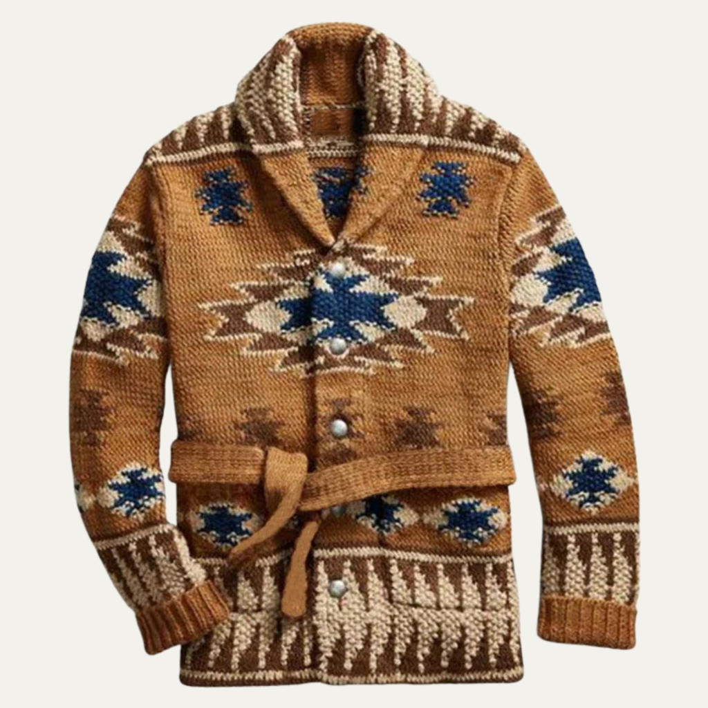 Men's brown jacquard hooded cardigan sweater with blue and cream pattern, button front