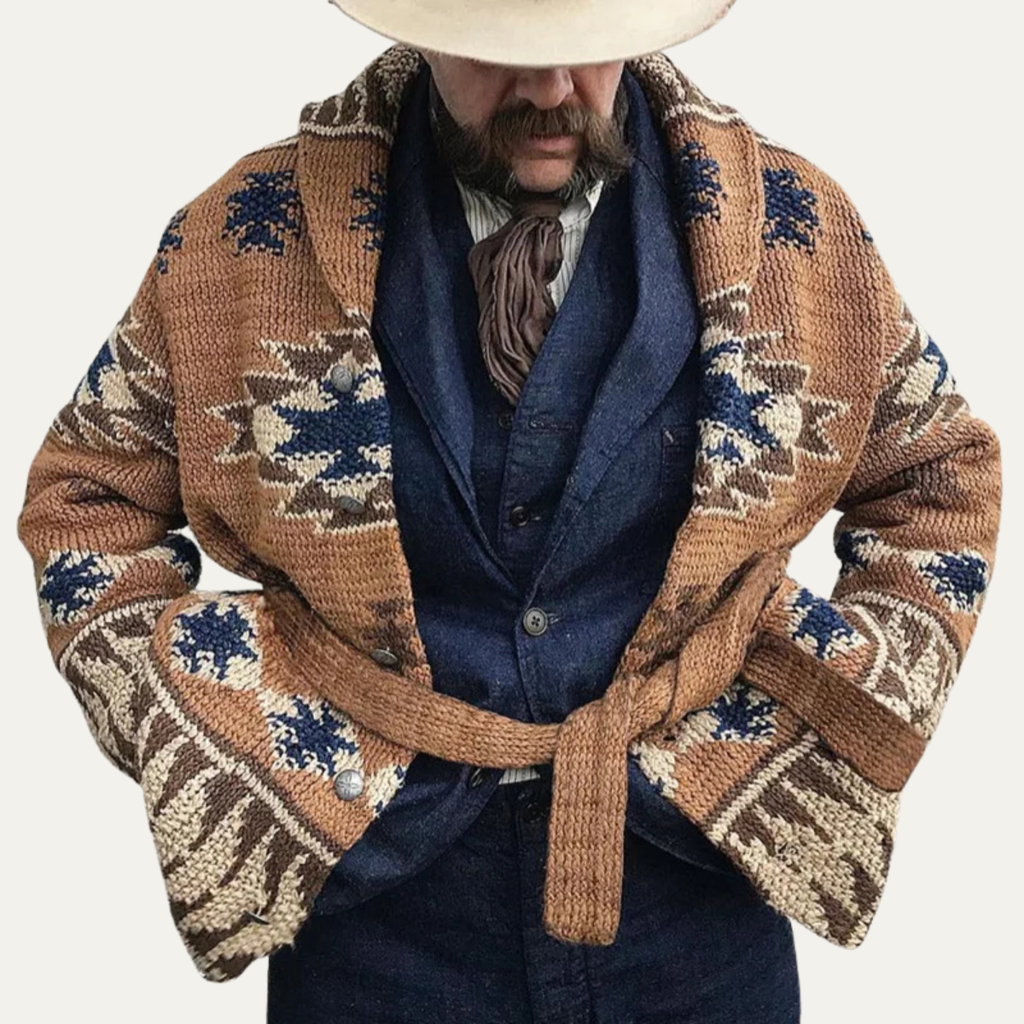 Men's brown jacquard hooded cardigan sweater with blue-and-cream geometric knit and waist tie