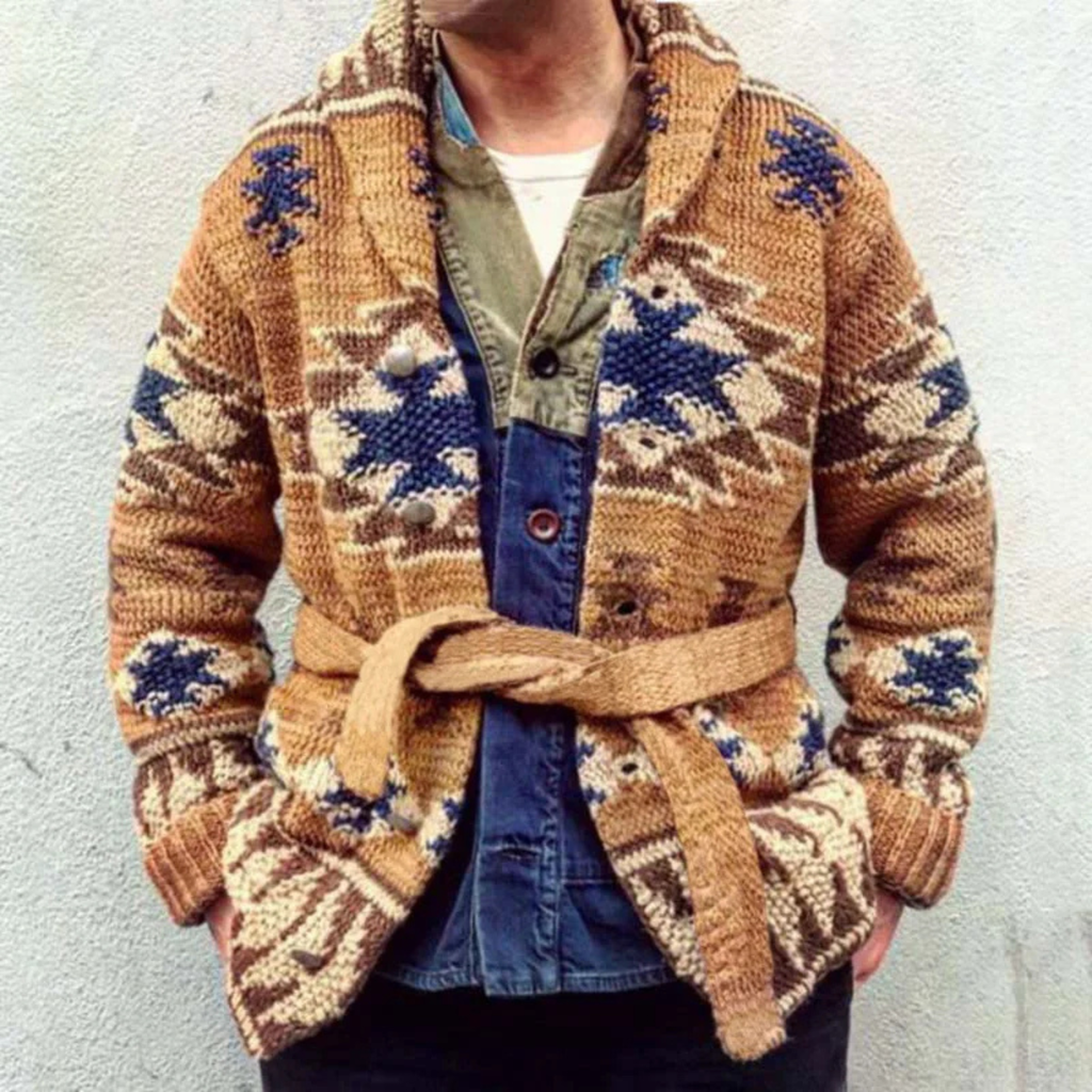 Men's brown jacquard hooded cardigan sweater with blue geometric knit, button front and tie