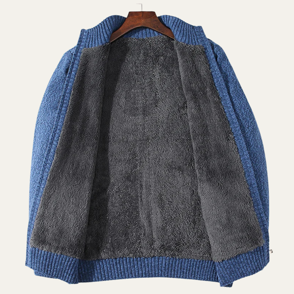 Blue cardigan with zip front and plush gray fleece lining in the open front