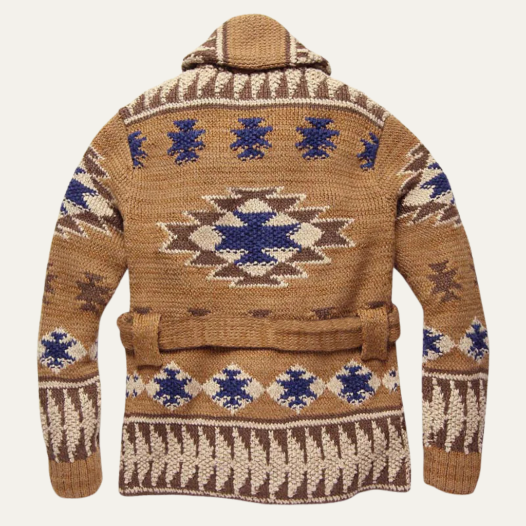 Men's brown jacquard hooded cardigan sweater with blue-and-cream geometric pattern, belt ties