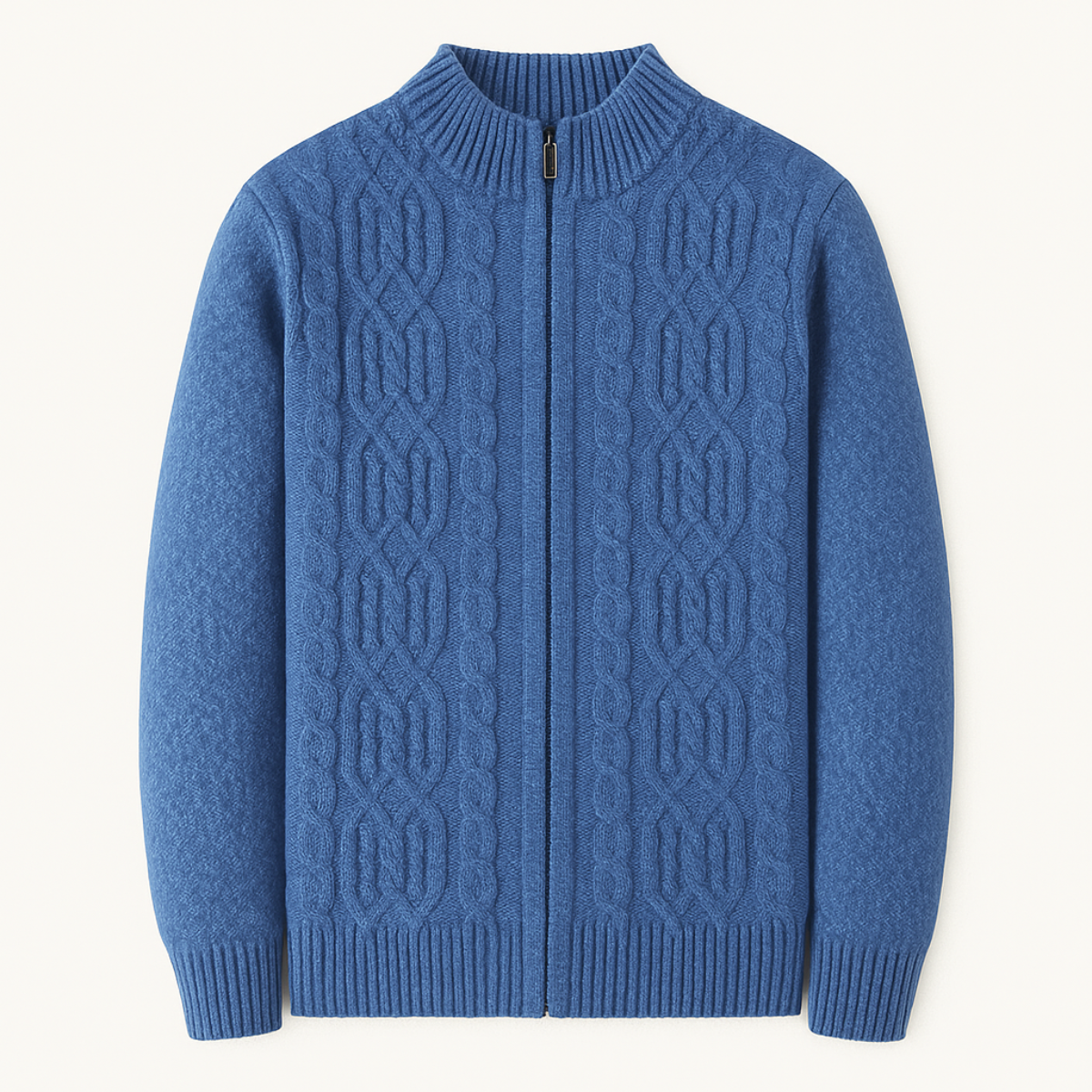 Denim blue cable-knit wool fleece cardigan with full front zipper and ribbed cuffs