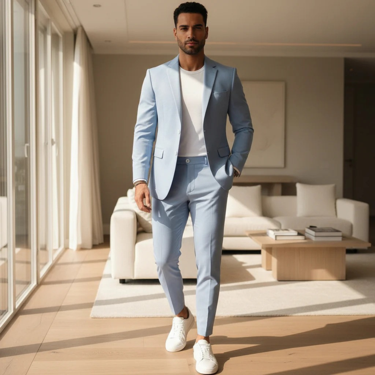 Men's slim-fit suit set: light blue blazer with matching tapered pants