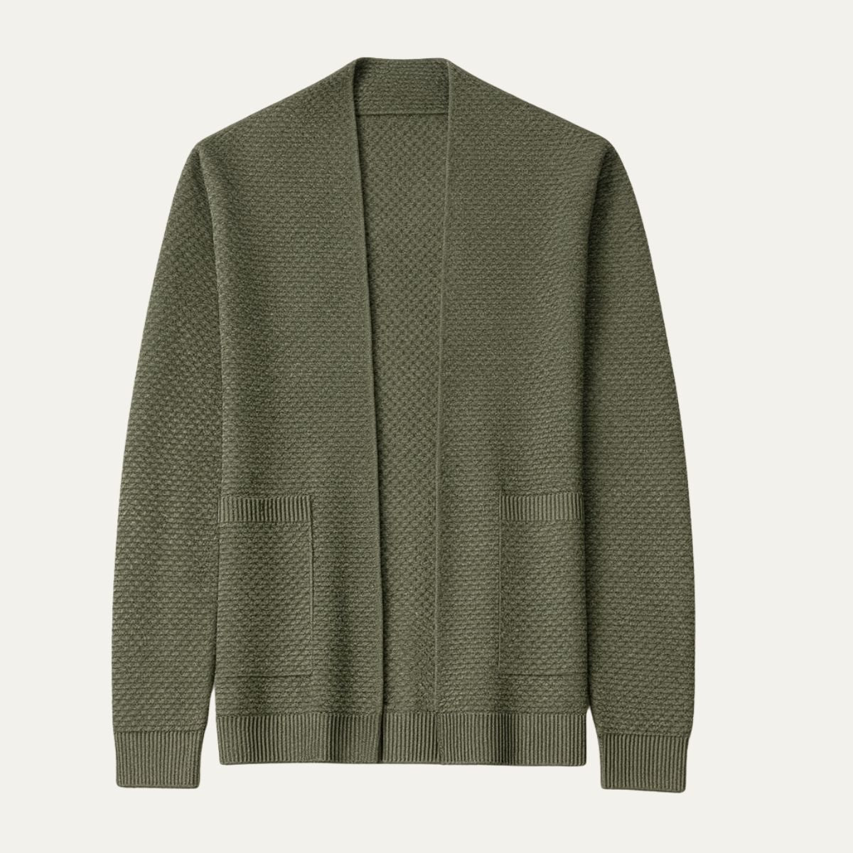 Men's olive green open-front knit cardigan with patch pockets and ribbed hem