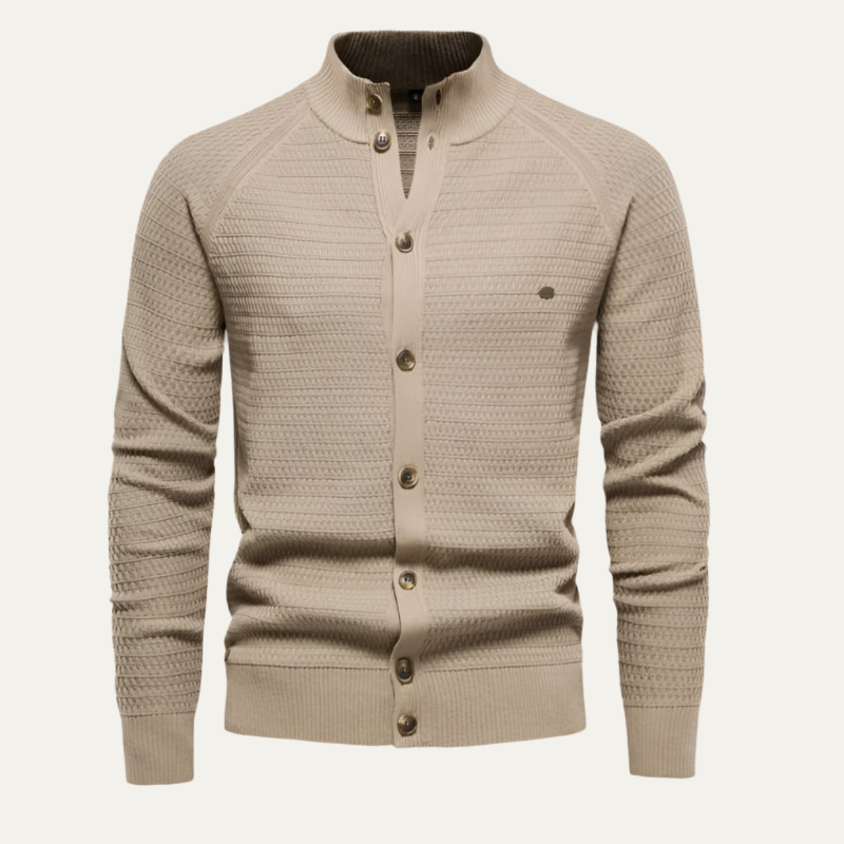 Men's light beige cardigan with button-front placket and ribbed cuffs and hem.