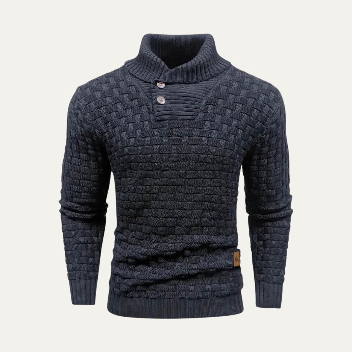 Men's chunky knit sweater close-up, navy with buttoned mock neck