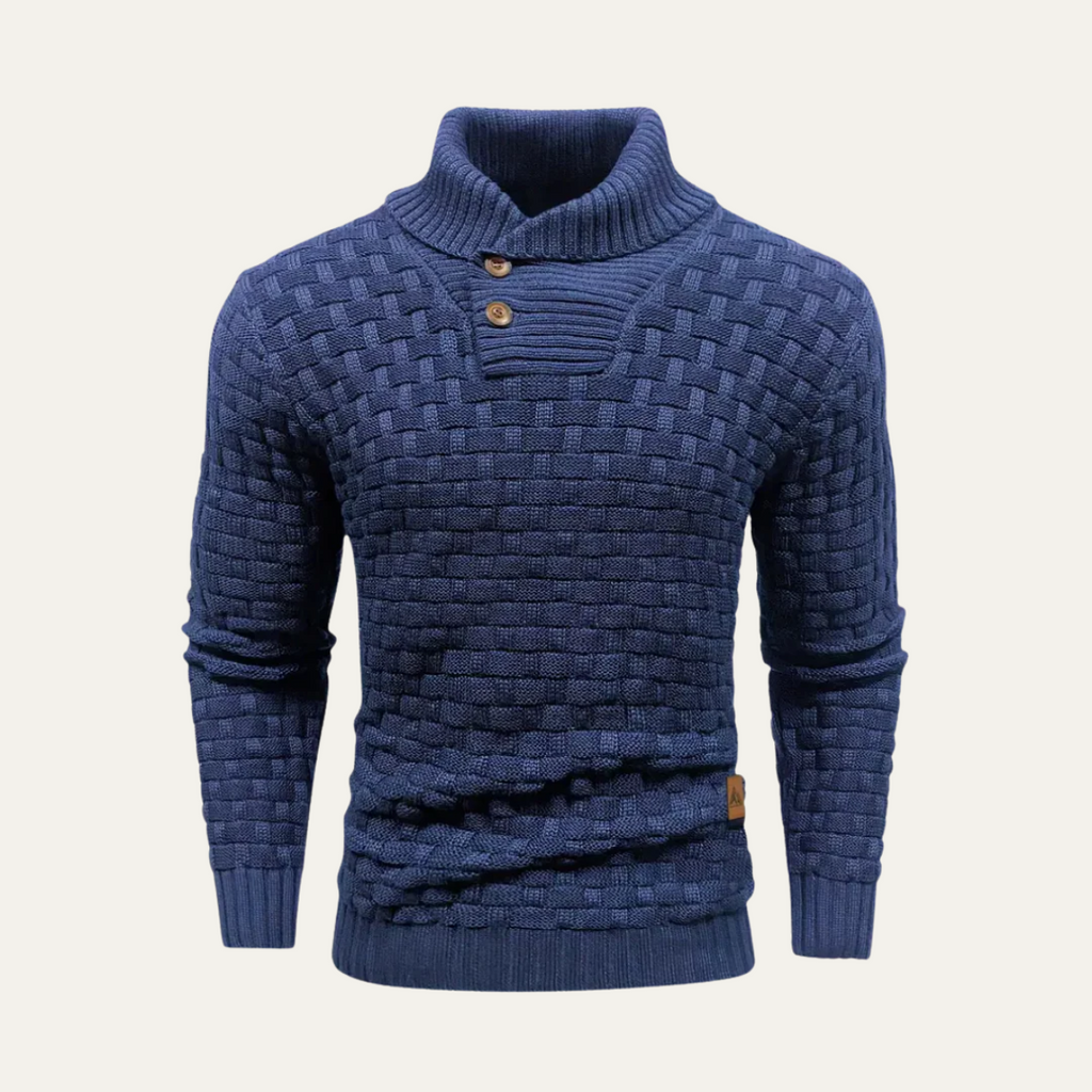 Men's blue chunky knit sweater with button placket and ribbed crew collar
