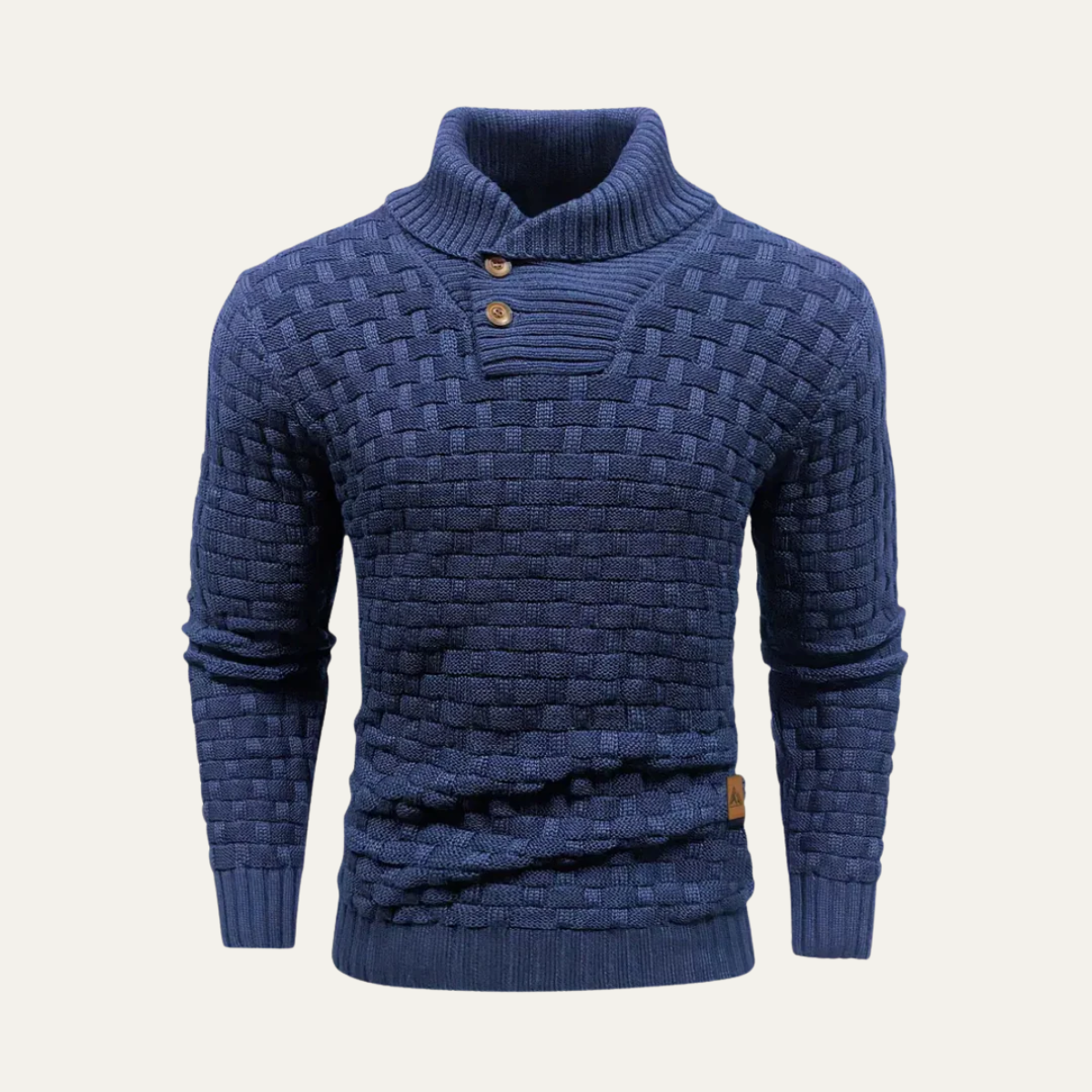 Men's blue chunky knit sweater with button placket and ribbed crew collar