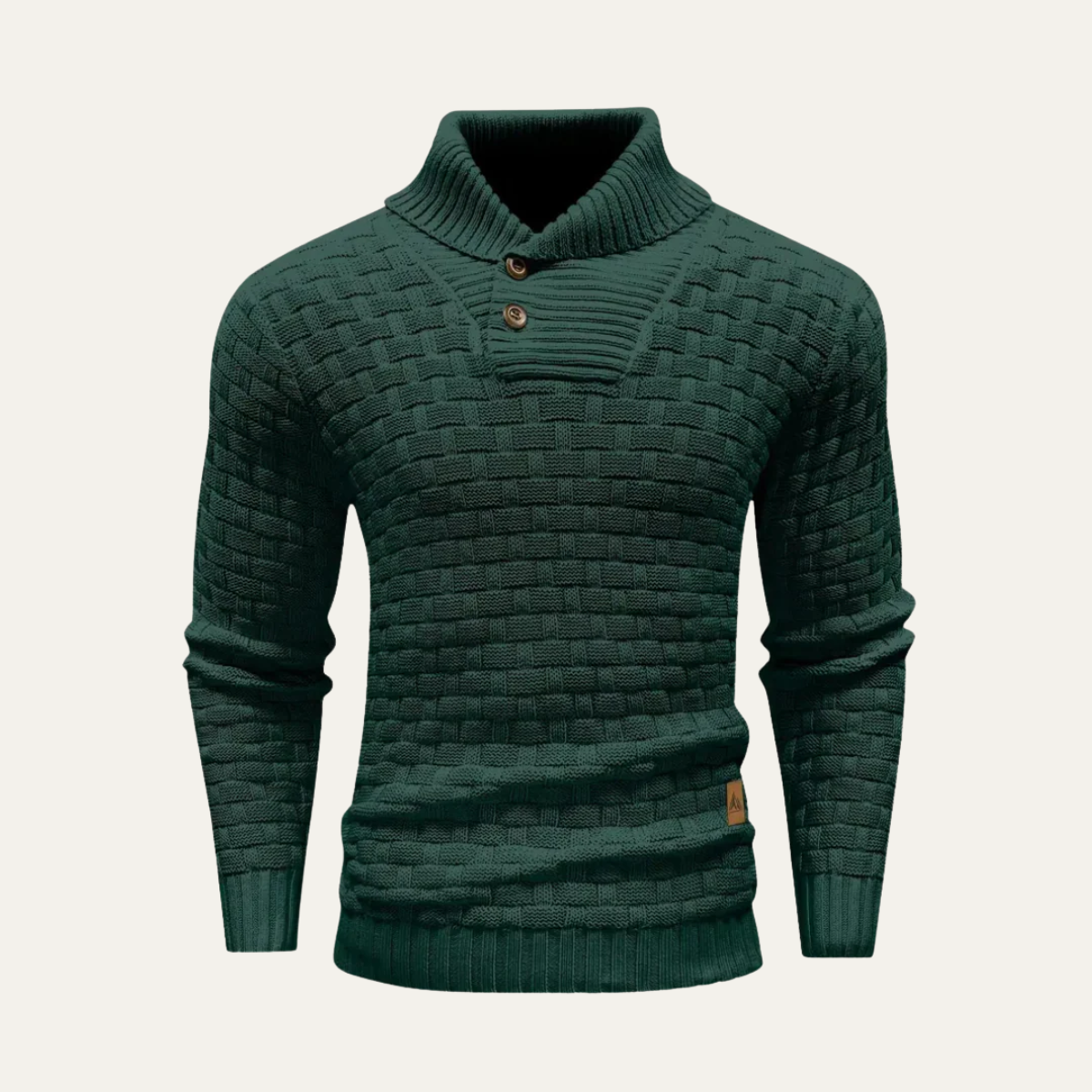 Men's chunky knit sweater close-up, green with buttoned mock neck
