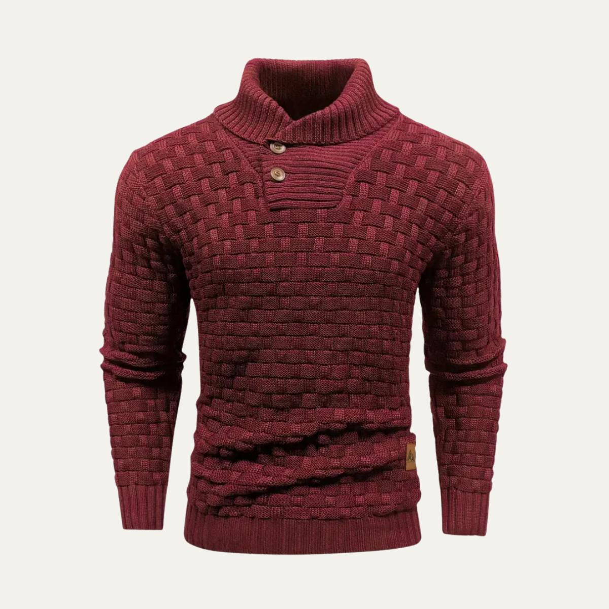 Men's chunky knit sweater close-up, red with buttoned mock neck