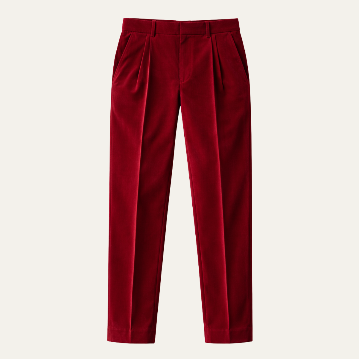Men's burgundy velvet straight-fit pants with belt loops and front crease