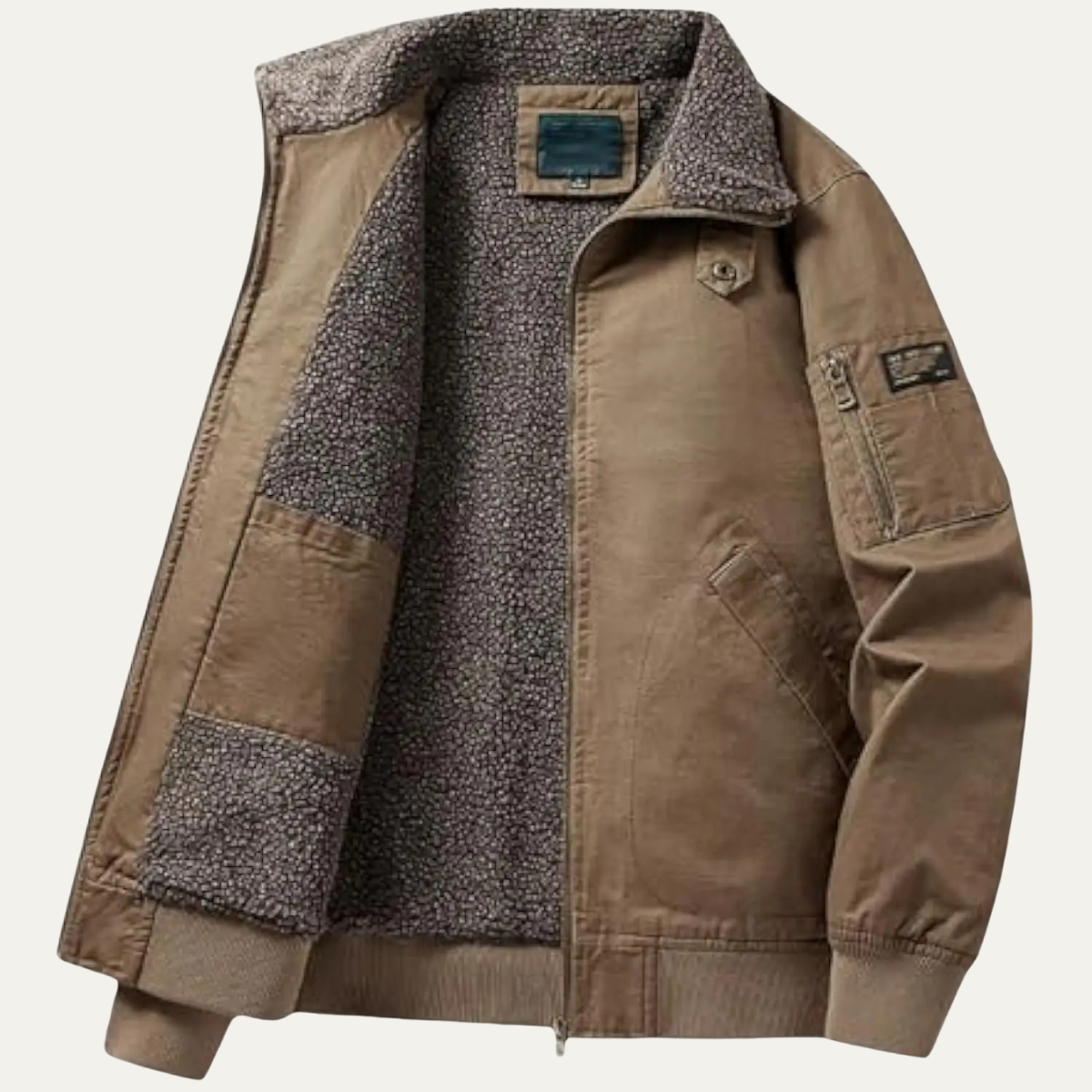 Khaki men’s bomber jacket with tan shearling lining and chest patch pocket