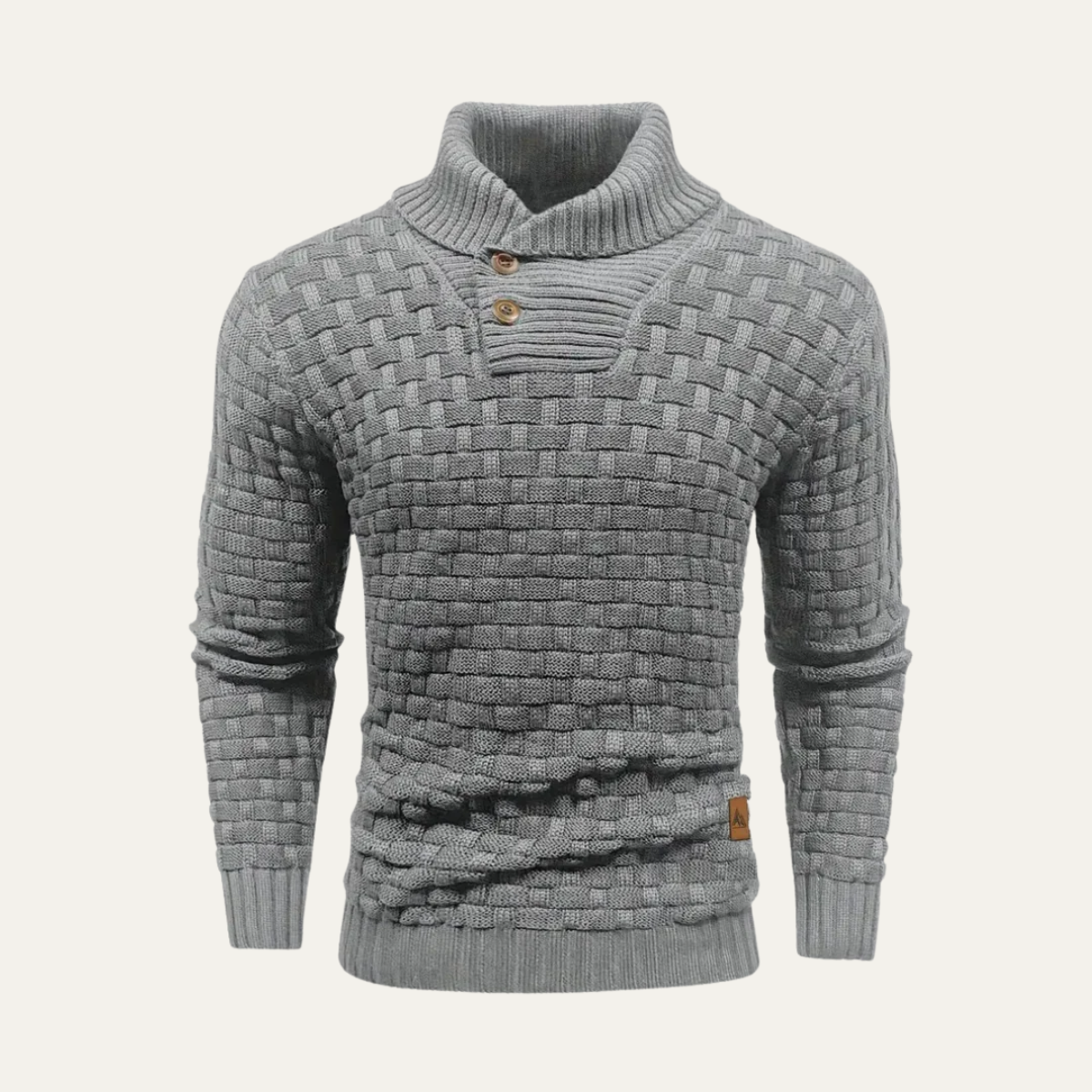 Men's chunky knit sweater close-up, light gray with buttoned mock neck