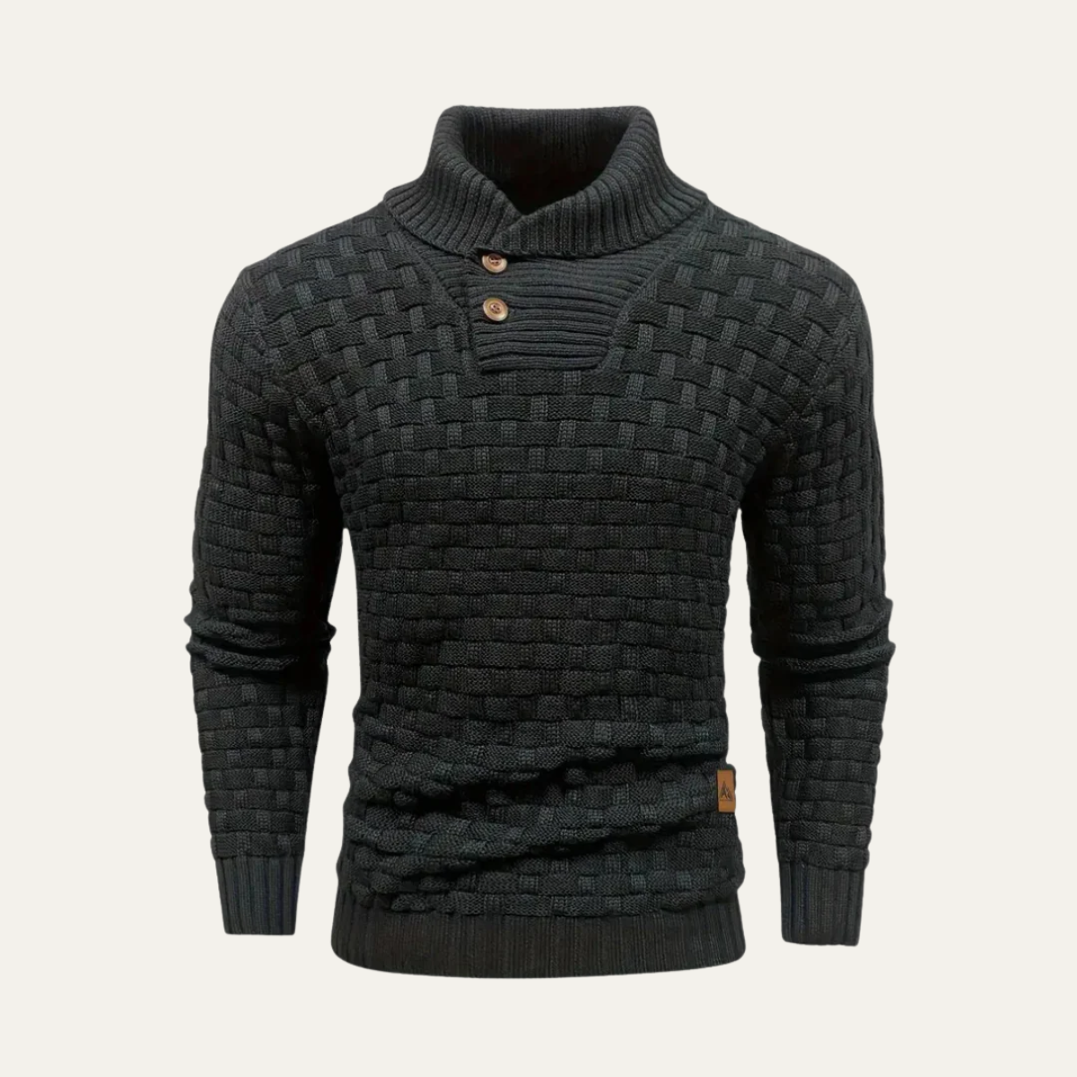 Men's chunky knit sweater close-up, black with buttoned mock neck
