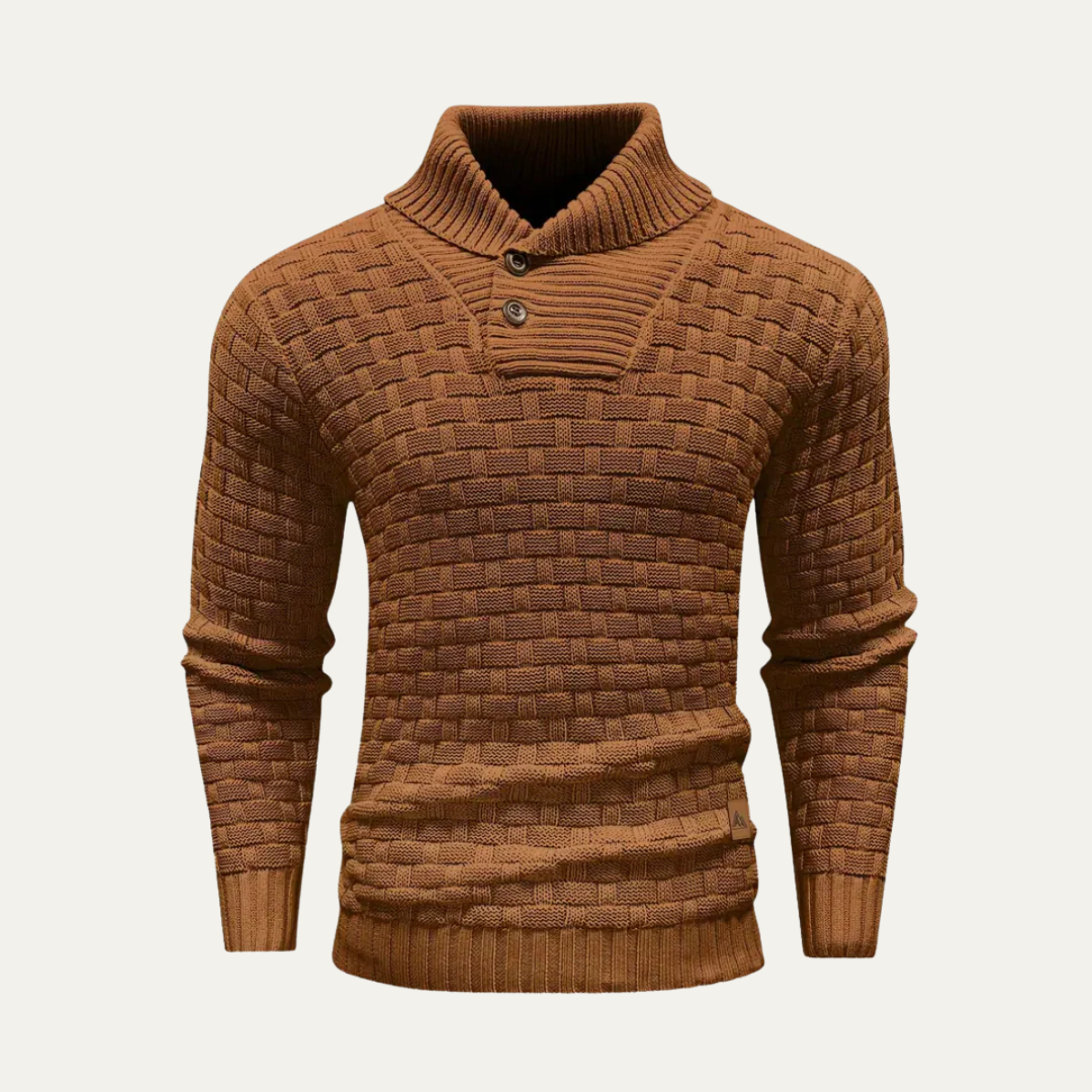 Men's chunky knit sweater close-up, brown with buttoned mock neck