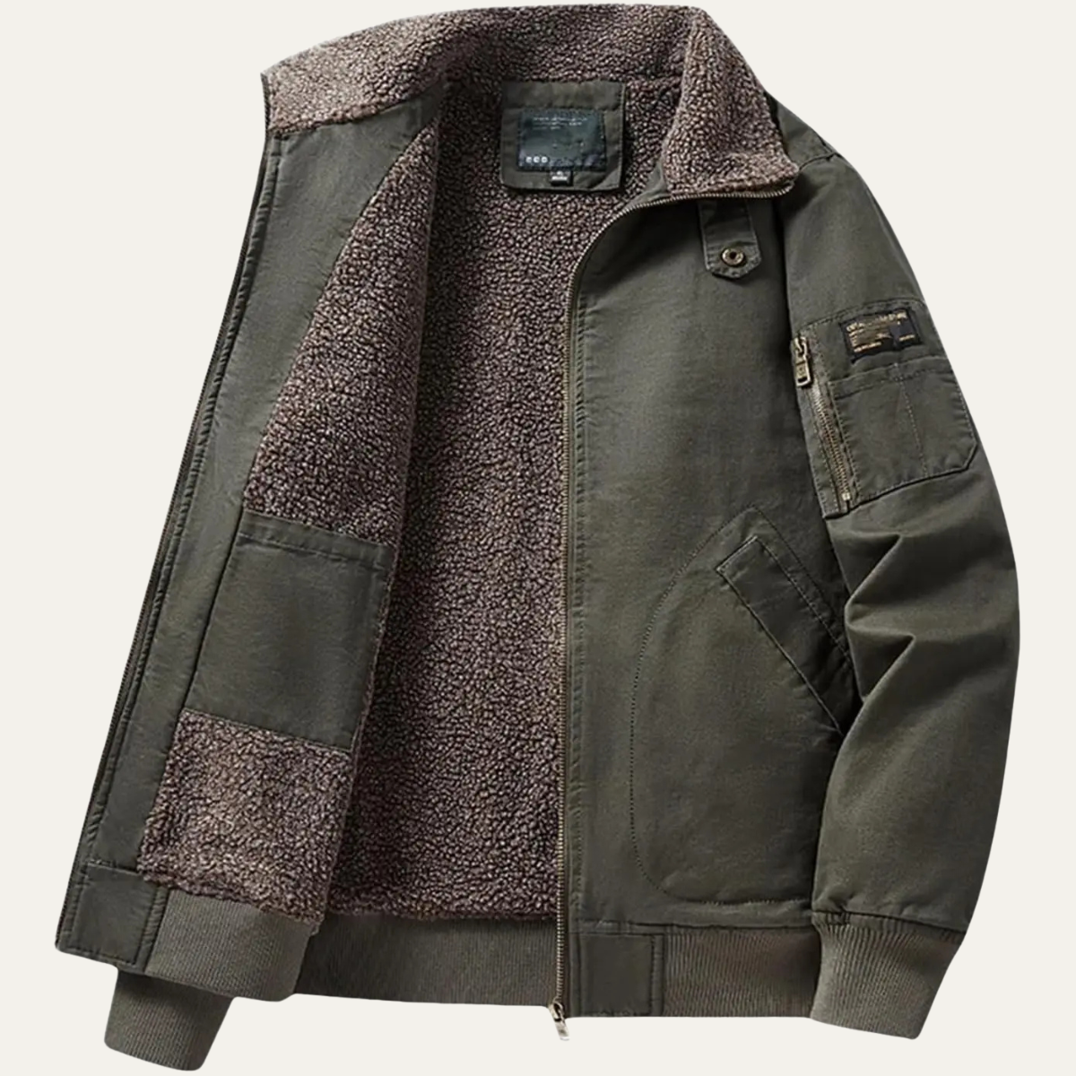 Army green bomber jacket with tan shearling lining and zip front