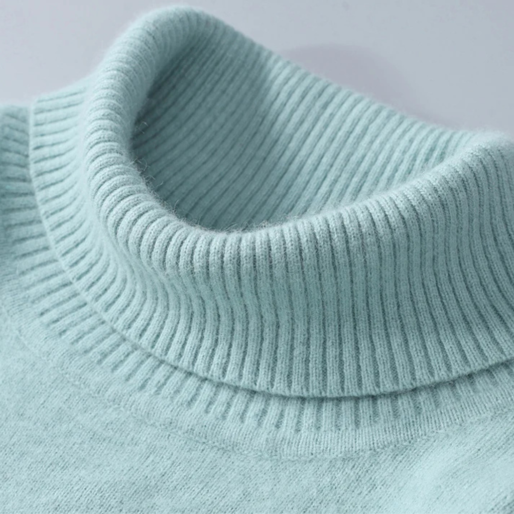 Light blue ribbed turtleneck sweater collar close-up