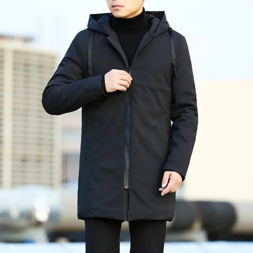 Men's long hooded waterproof coat, front zipper and side zip pockets