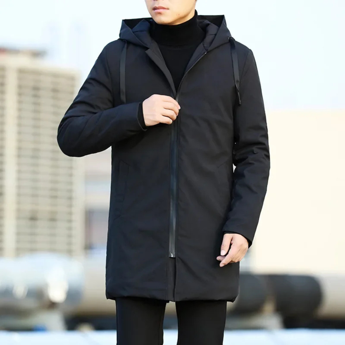 Men's long hooded waterproof coat, front zipper and side zip pockets