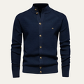 Men's navy blue cardigan with button-front and ribbed trim at cuffs and hem.
