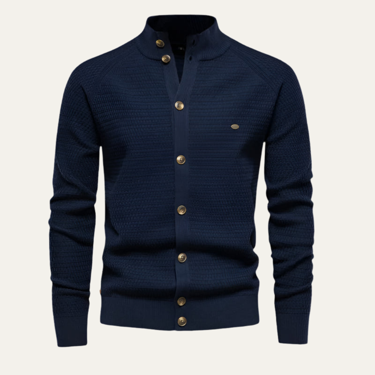 Men's navy blue cardigan with button-front and ribbed trim at cuffs and hem.