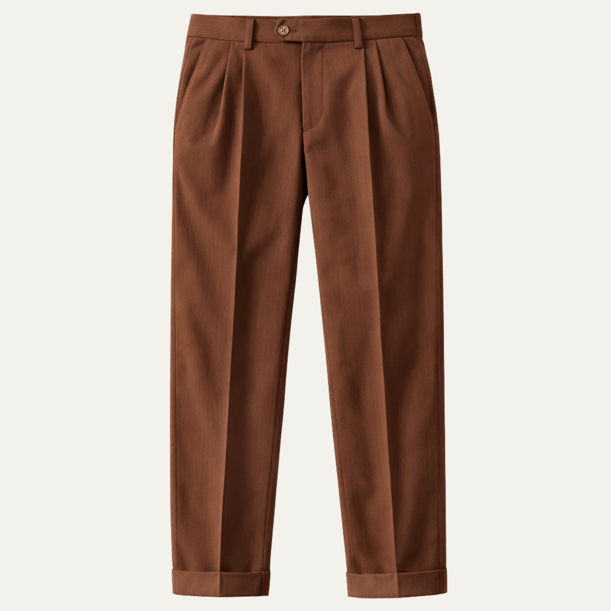 Brown high-waist double-pleated pants with belt loops and button closure, cuffed hem.