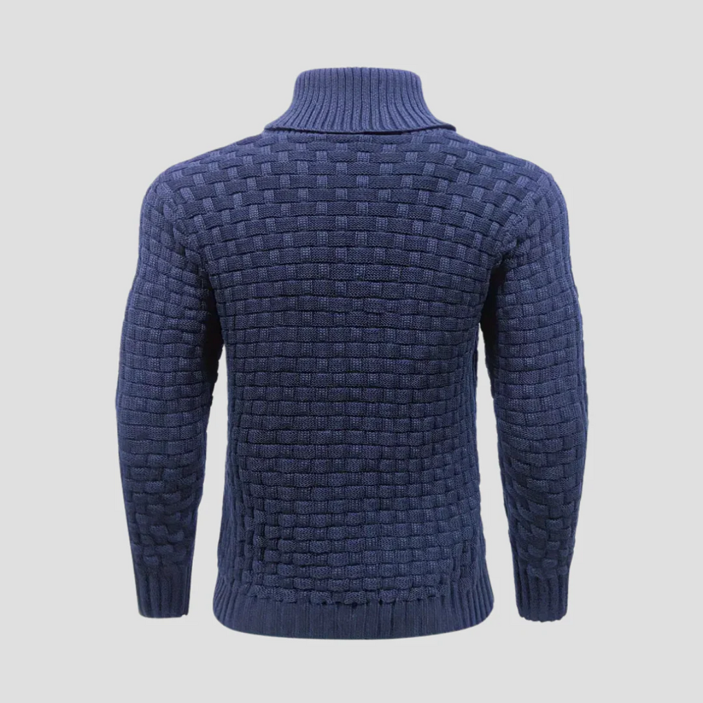 Men's blue chunky knit sweater back view with ribbed knit hem and cuffs