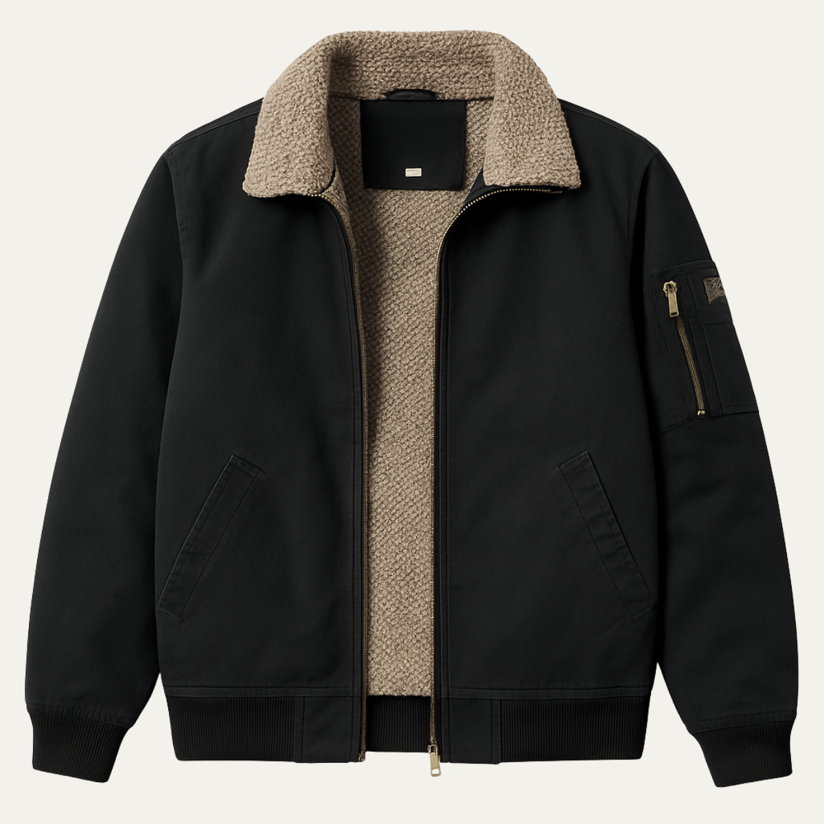 Black men’s shearling-lined bomber jacket with tan sherpa collar and front zip