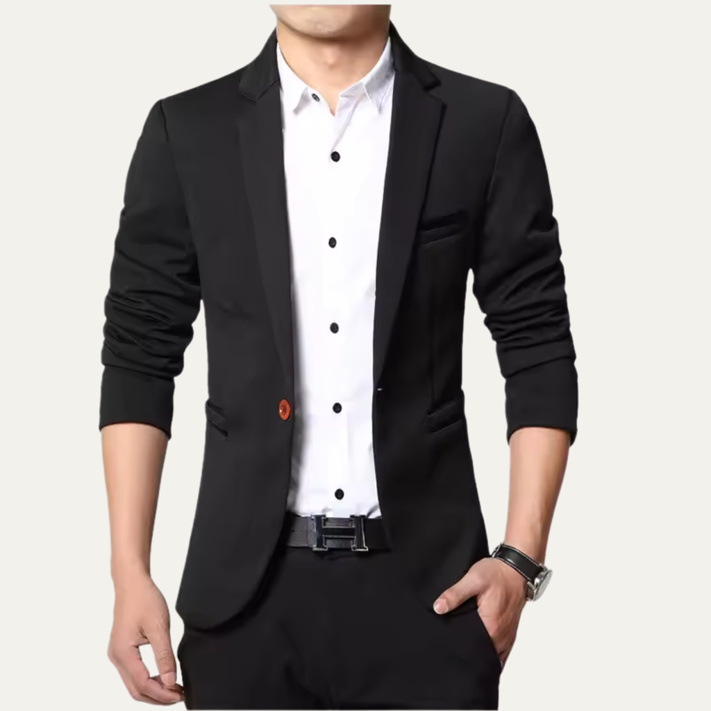 Men's slim fit blazer jacket in bright blue, notch lapels, front buttons, chest pocket