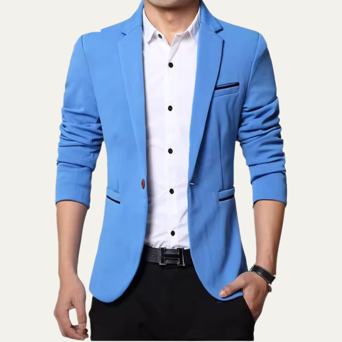 Men's slim fit blazer jacket in navy blue, notch lapels, front button closure, flap pockets
