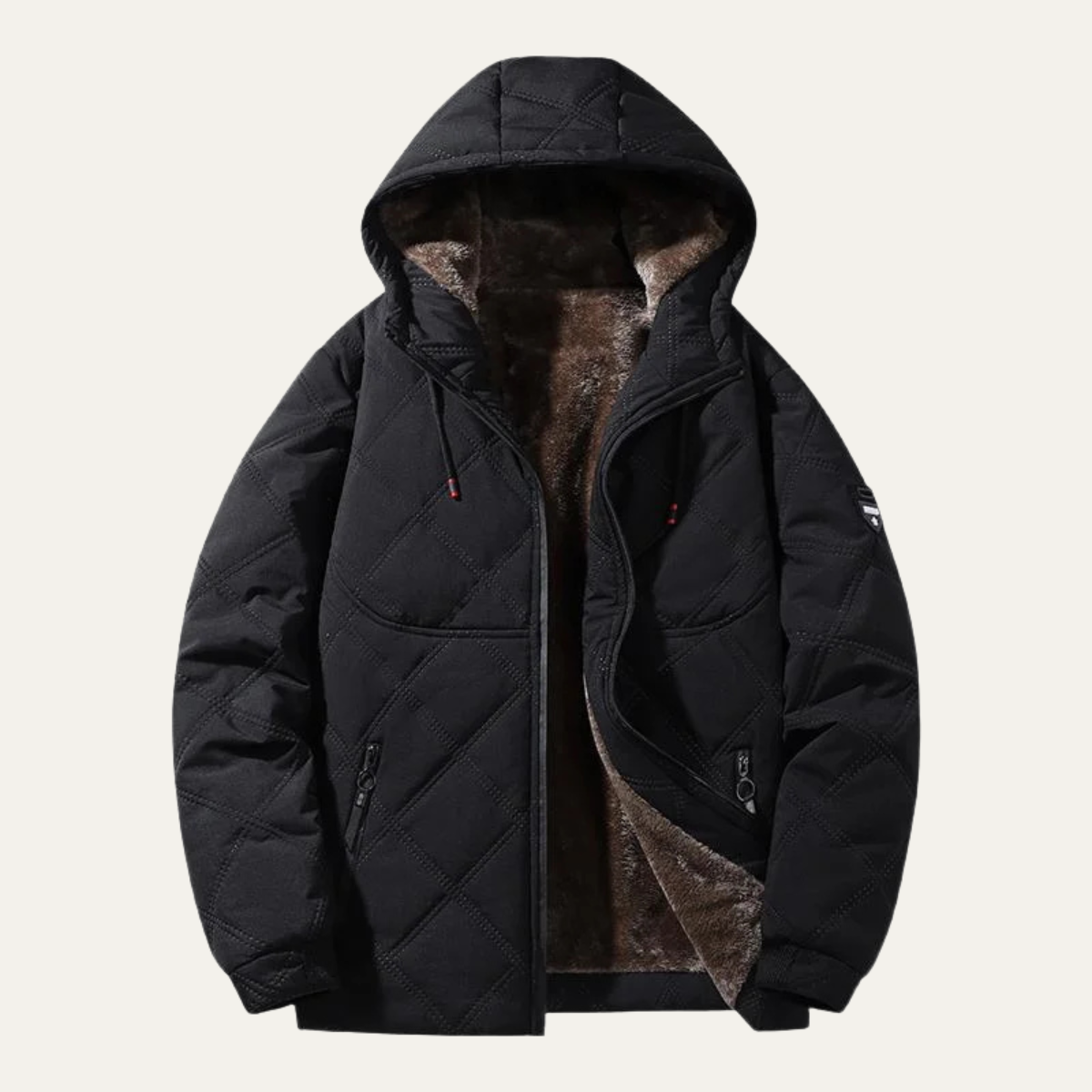 Men's quilted puffer jacket in black with fleece-lined hood and front zipper