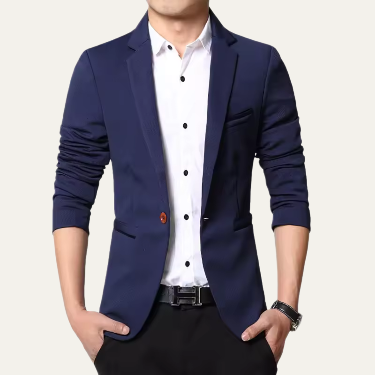 Men's slim fit blazer jacket in navy blue, notch lapels, front buttons, flap pockets