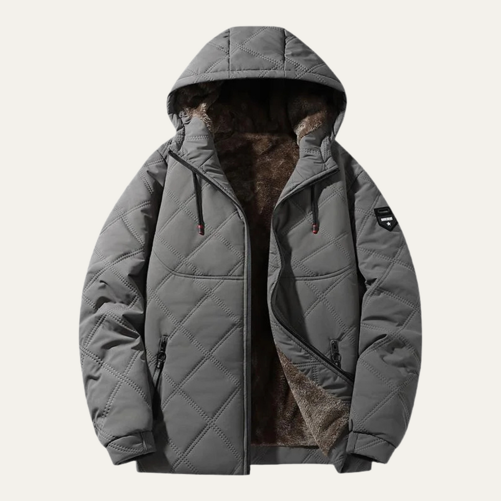 Men's quilted puffer jacket in gray with fleece-lined hood and front zipper