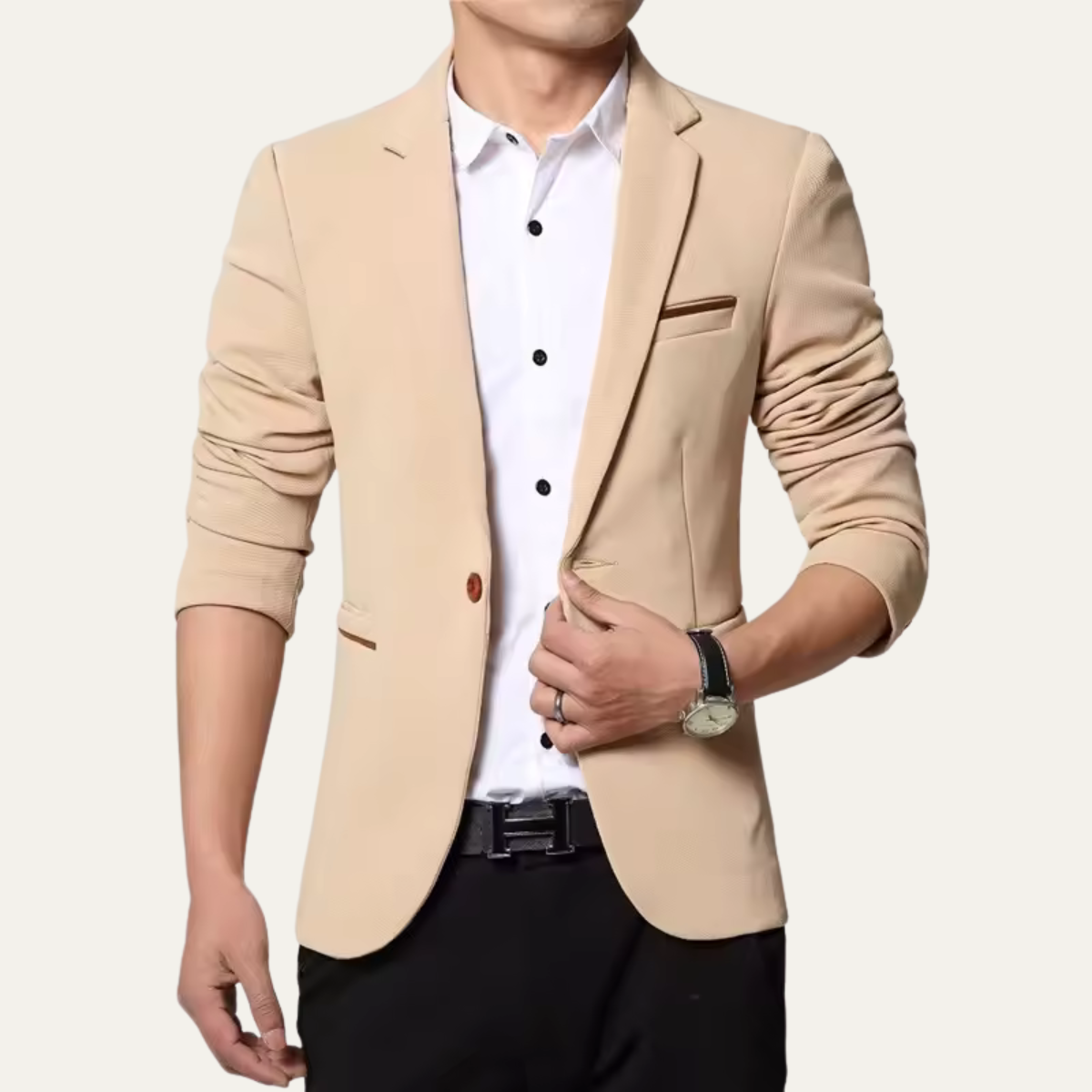 Men's slim fit blazer jacket in khaki, notch lapels, front button closure, chest pocket