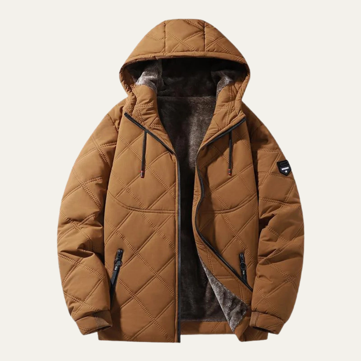 Men's quilted puffer jacket in brown with fleece-lined hood and front zipper