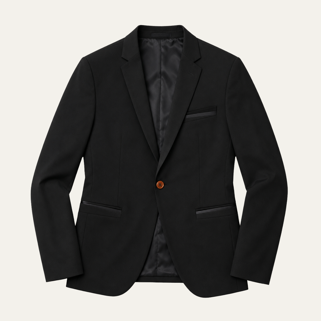 Men's slim fit blazer jacket, black with notch lapels, front button, flap pockets