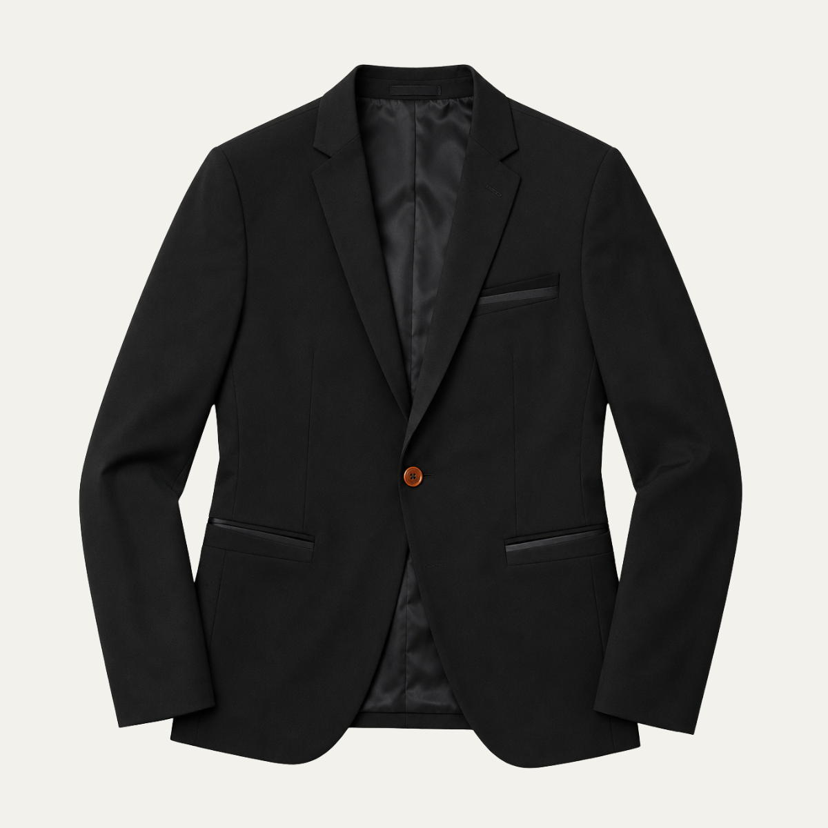Men's slim fit blazer jacket, black with notch lapels, front button, flap pockets