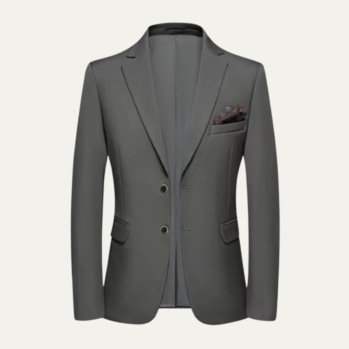 Men's smart blazer jacket in gray with notch lapels and two-button front.