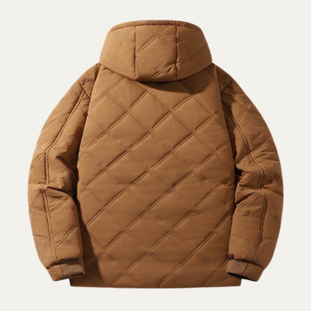 Men's tan quilted puffer jacket, back view with hood and ribbed cuffs