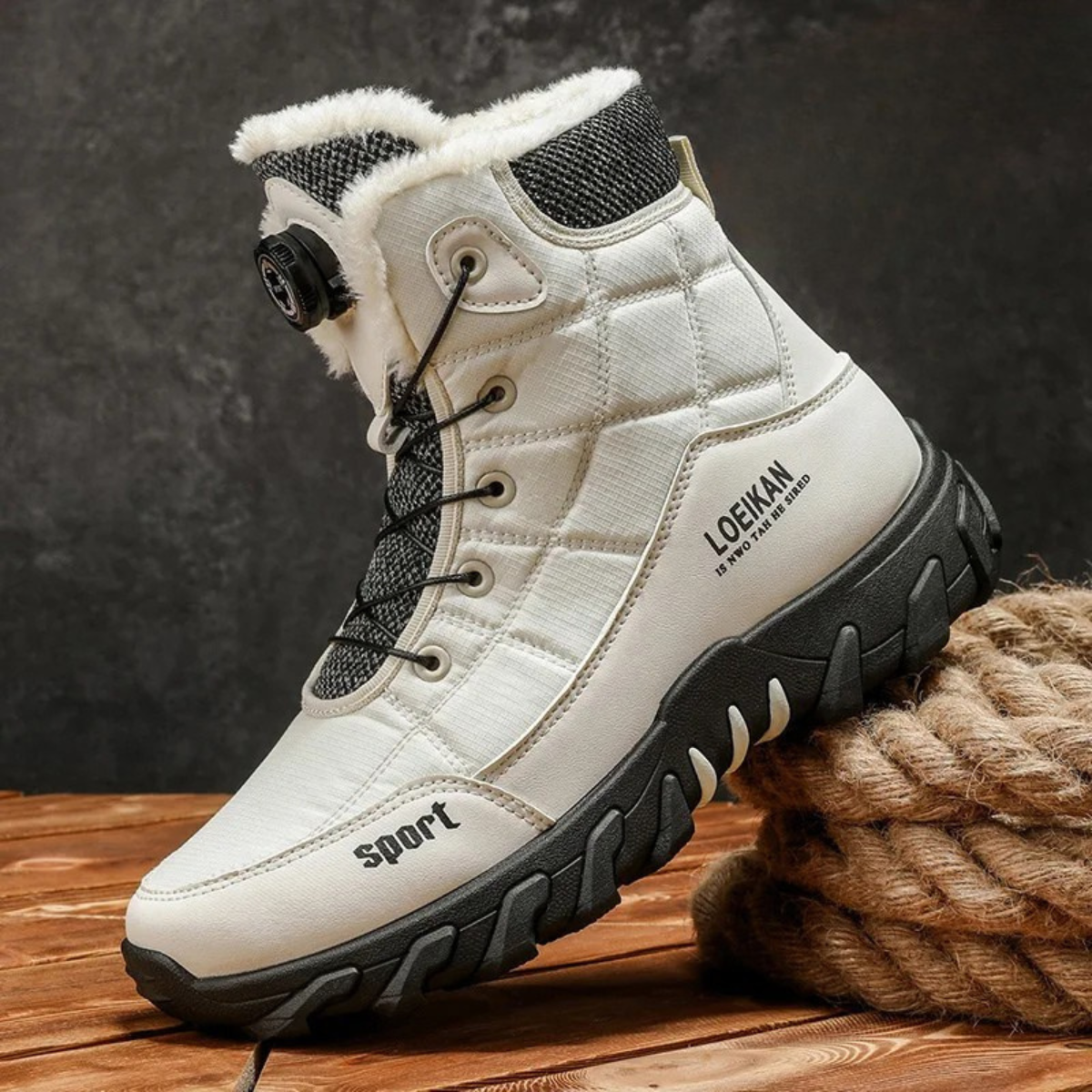 Men's white lace-up snow boot with dark ankle cuff, fur lining, textured sole
