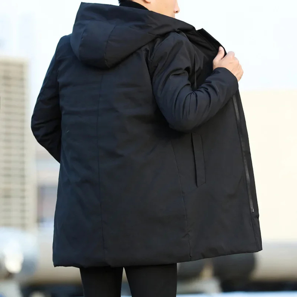 Men's long hooded rain jacket in dark color, back view with adjustable hood