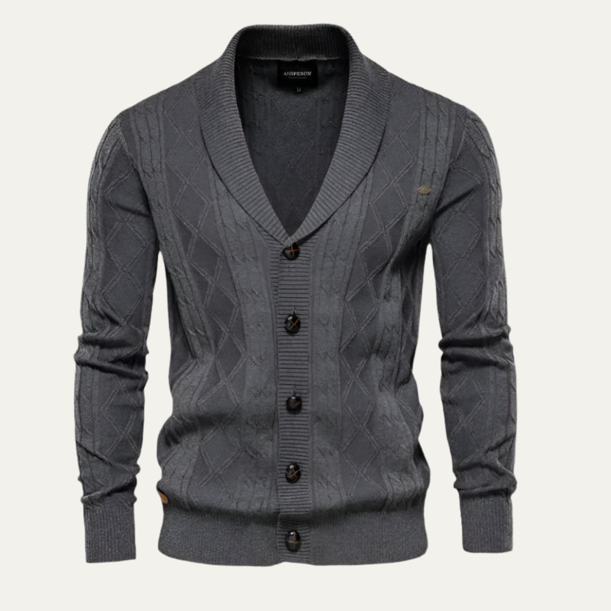 Men's knit cardigan, gray V-neck button front, diamond pattern, ribbed cuffs