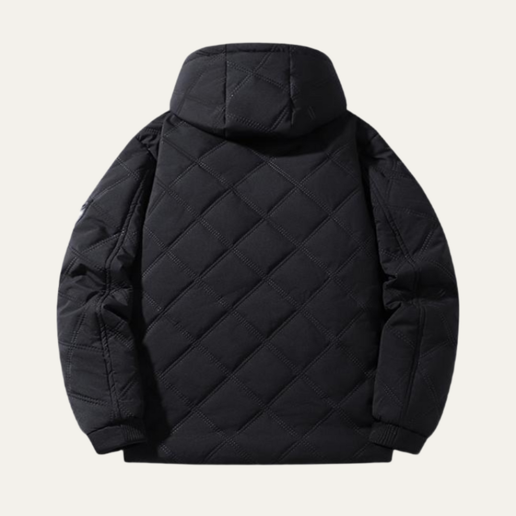 Men's black quilted puffer jacket back view with hood and diamond stitching