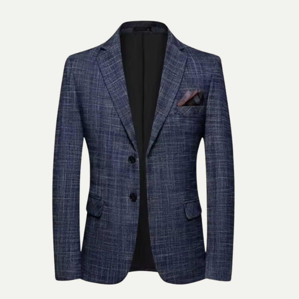 Men's smart blazer jacket in blue textured fabric with notch lapels and pocket flaps.