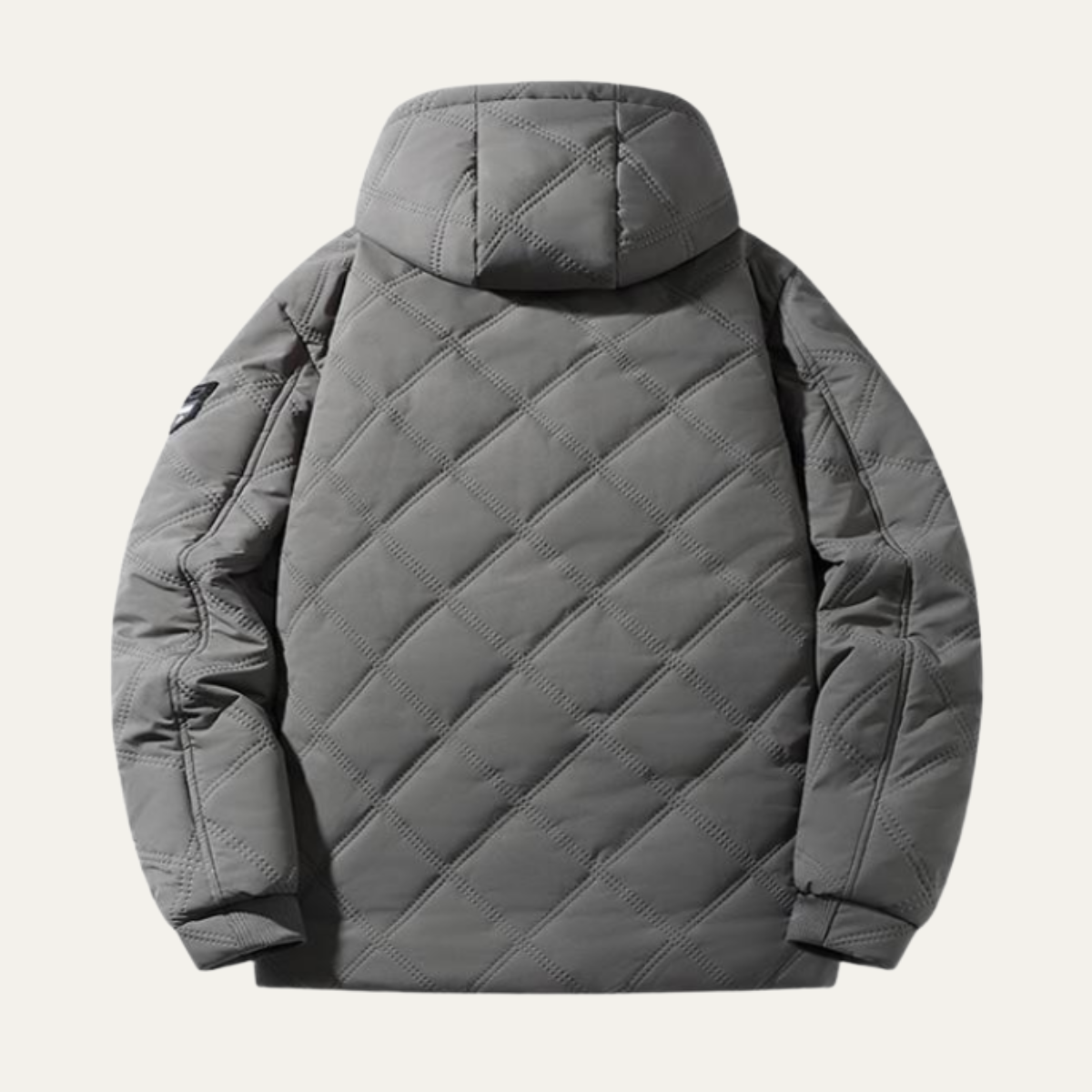 Men's gray quilted puffer jacket back view with hood and diamond stitching