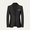 Men's smart blazer jacket in black with notch lapels, two-button front, and chest pocket.