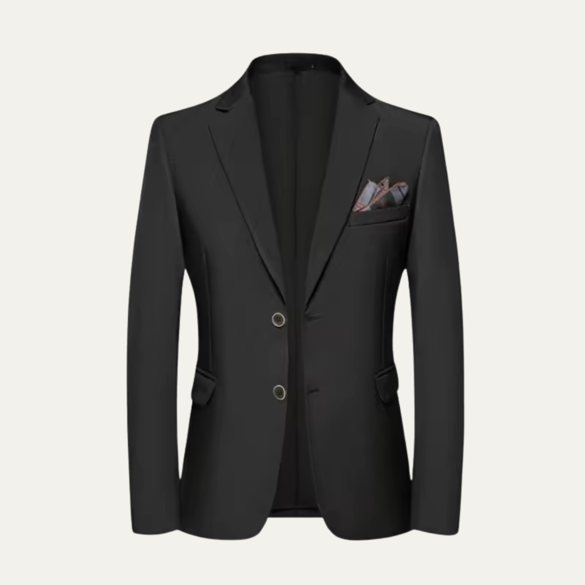 Men's smart blazer jacket in black with notch lapels, two-button front, and chest pocket.