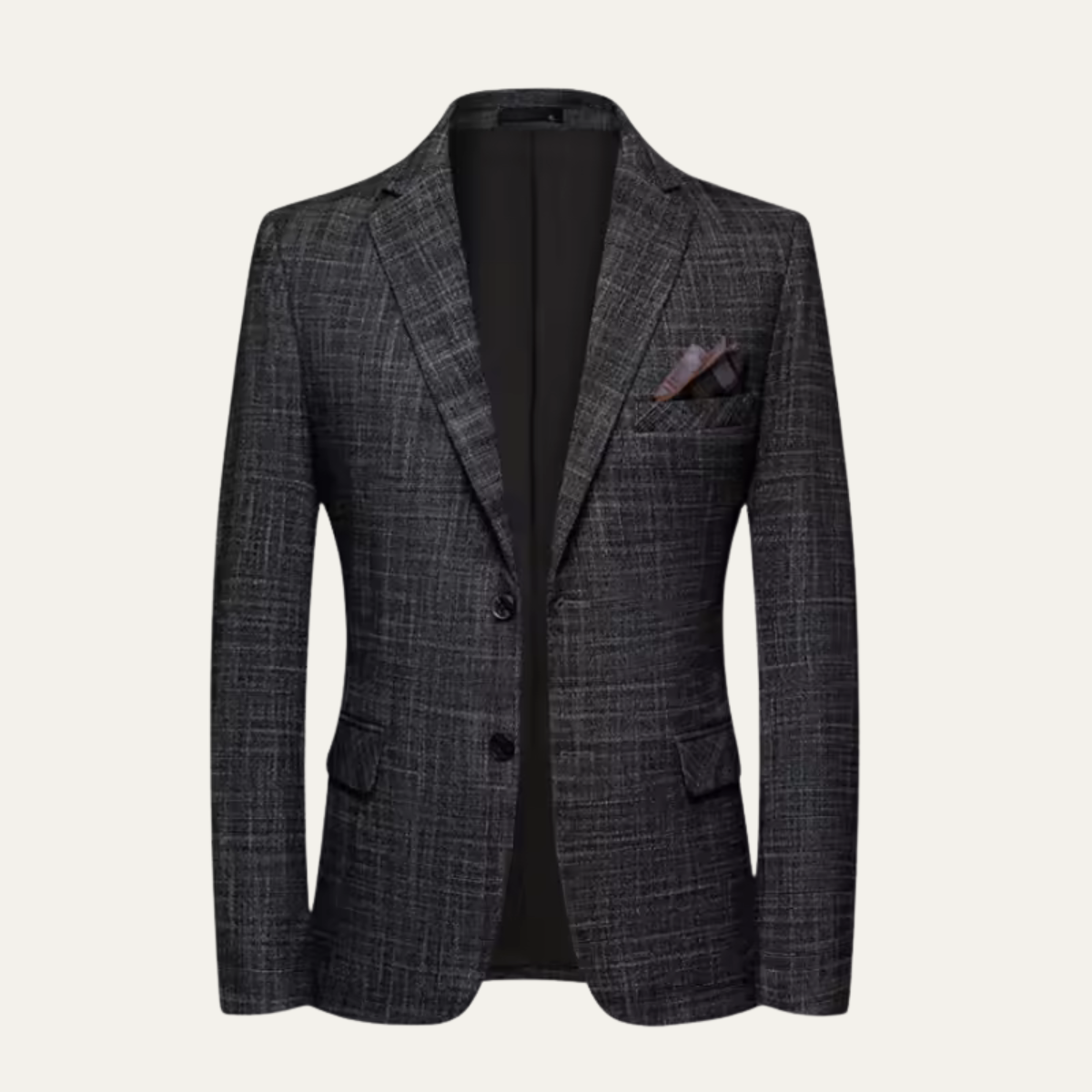Men's smart blazer jacket in dark gray textured weave with notch lapels and chest pocket.